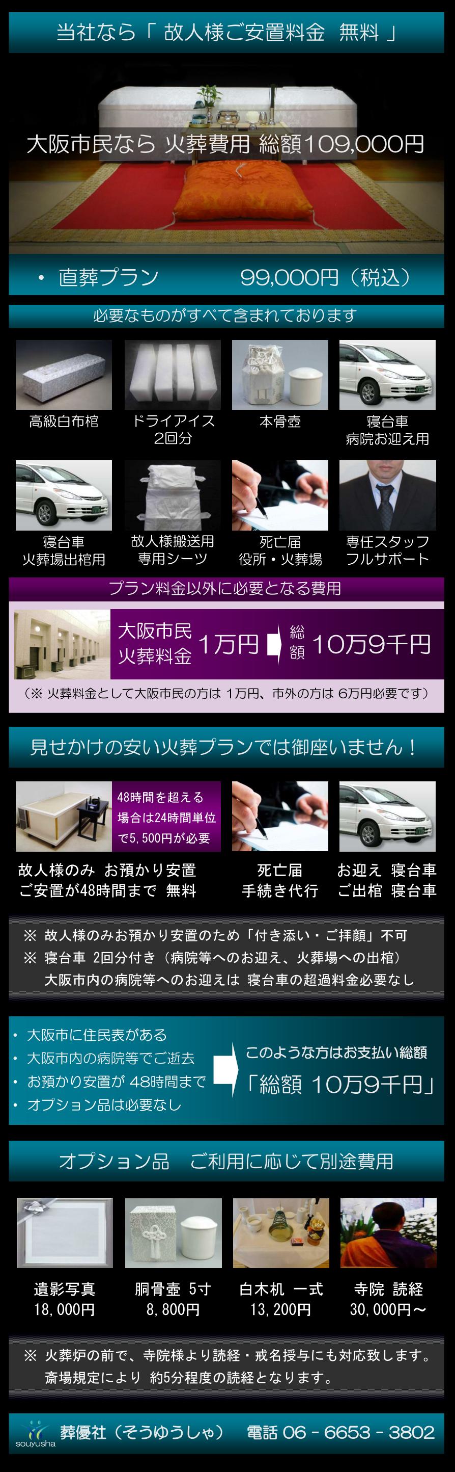 大阪での直葬を追加費用なしの総額9万9千円で火葬致します